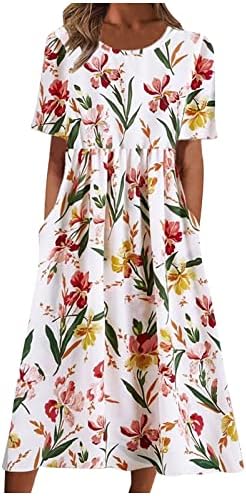 שמלות קיץ של Dopocq לנשים 2023 שמלת אביב שמלת בוהו שמלת צוואר שמלת כיס צוואר הדפס מזדמן שמלת שרוול קצר