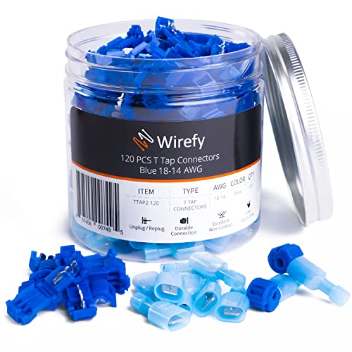 מחבר חוט חוט של Wirefy 120 PCS T - מחברי תיל מהיר מהיר - ברזי חוט ניתוק מהיר - כחול 18-14 AWG