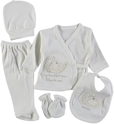 HECE BEBE BABY UNISEX 5 חלקים תלבושת בית חולים יולדת סט סטי ברבור איור דמות חבורת כותנה אורגנית סט מתנה