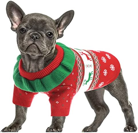 סוודר חג המולד של קווינסמור כלב, סוודר סוודר מזג אוויר קר, בגדים סרוגים עבה, צוואר עגול עם קפלים לכלבים קטנים, כלבים, גורים וחתולים