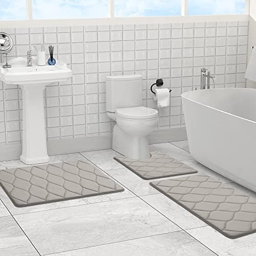 שטיחי אמבטיה קצף זיכרון צבעוני-מים סופגים, מחצלת אמבטיה החלקה רכה במיוחד, מחצלת אמבטיה בעיצוב אוגי רחיץ סט של 3, קטן/גדול / קונטור, אפור