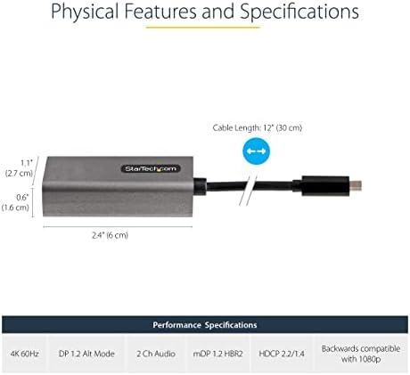 Startech.com USB C למיני מתאם DisplayPort, 4K 60Hz USB סוג C ל- MDP/MINI DP צג ממיר וידאו דונגל, Thunderbolt 3 תואם, כבל מחובר 12 אינץ