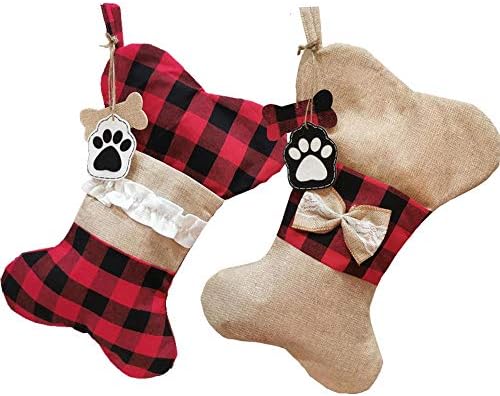 Yelaivp מחמד כלב חיית מחמד גרבי חג מולד 2 חבילות יוטה משובצת גרבי עצם תלויים גרביים אח עץ קישוט חג המולד