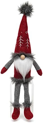 Meravic Gnome עם כובע קווית עץ רקום, אף עץ, זקן לבן, זרועות ורגלי תקליטונים, 18 אינץ ' - קישוט לחג המולד