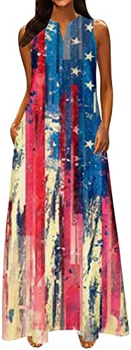 שמלת יום עצמאות של HCJKDU שמלת יום עצמאות דגל אמריקאי הדפס חוף ללא שרוולים עם כיס שמלת מקסי פטריוטית נלהבת