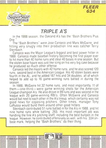 1989 בייסבול פייר 634 חוסה קנסקו/טרי שטיינבאך/מארק מקגווייר אוקלנד אתלטיקה טריפל א 'של כרטיס המסחר הרשמי של MLB מה- Fleer Corp.