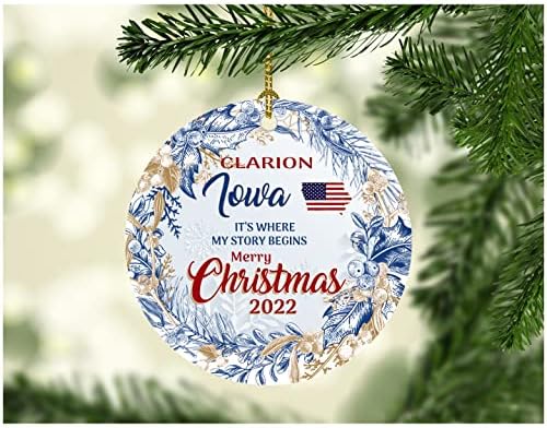 עץ קישוט לחג המולד שמח 2022 קישוטי איווה של Clarion Iowa, זה המקום בו הסיפור שלי מתחיל Clarion ia עיר עיר הולדתה מתנה קלטת חג המולד חגורה