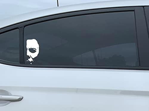 Bufi מפחיד מייקל מאיירס מדבקות חצי מדבקות פנים מצמררות למכוניות משאיות מחשבים ניידים חלונות- לבן- 6.2 אינץ 'בצד הארוך יותר- BU048