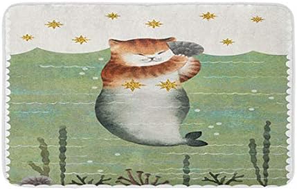 חמוד אקוורל חתול בת ים בים גלים עם זהב כוכבים יד נמשך חתול בת ים מפנק אמבטיה דקור אמבטיה שטיח עם החלקה גיבוי 16 איקס 24