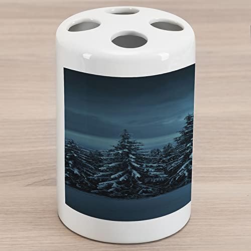 מחזיק מברשת שיניים קרמיקה של Ambesonne, ירח כחול שלווה ביער מכוסה שלג סצנת תצוגה של שלג שלג, סצנת נוף דקורטיבית רב -תכליתית לחדר אמבטיה,