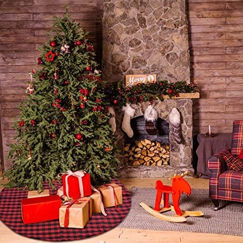 חבילה של סוארטס זר חג מולד + זר חג המולד + חצאית עץ חג המולד משובצת באפלו 48 אינץ ', 2021 סרוג חצאיות עץ חג המולד אדום גדול