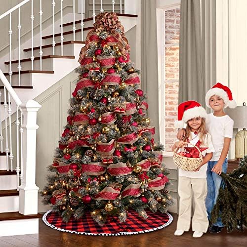 חצאית עץ חג המולד משובצת של 48 אינץ 'משובצת, אדומה ושחורה משובצת חצאית עץ עם פום פום, שכבות כפולות