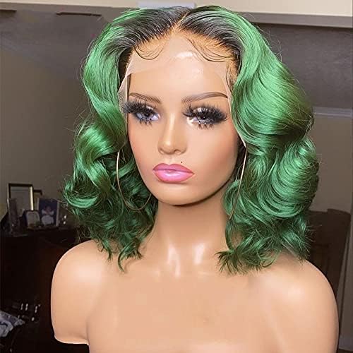 פאות שיער אדם ירוק לנשים בצבע ירוק 180 צפיפות בוב קצר 13 על 2 חלק תחרה שיער טבעי ברזילאי תחרה חלק פאה