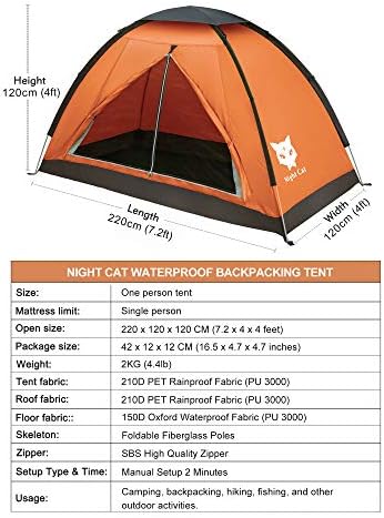 לילה חתול תרמילאים אוהל עבור אחד 1 כדי 2 אנשים קל משקל עמיד למים קמפינג טיולים אוהל למבוגרים ילדים צופים התקנה קלה שכבה אחת 2. 2 על 1.2