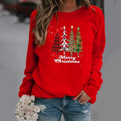 GMGHZC נשים סוודר חג המולד עץ חג המולד מודפס צוואר עגול סווטשירטים שמחים XMAX חולצות חיצוניות מזדמנים מוצקות