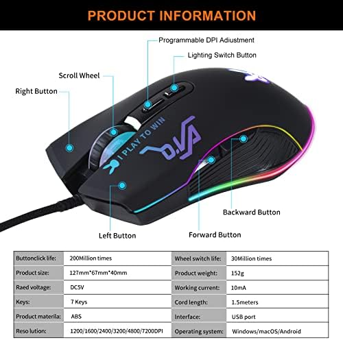 12 צבעים עם תאורה אחורית אופטי משחק עכברים ארגונומי קווית עם 7200 דפי ו 7 כפתורים עבור מחשב/לנצח/מק/לינוקס/אנדריוד/יוס.