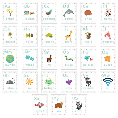אלפבית ספרדי 5x7 כרטיסי קיר, עולמנו, נושא הטבע, אמנות הקיר לילדים, תפאורה למשתלות, עיצוב חדרי ילדים, עיצוב משתלת ניטרלי מגדרי